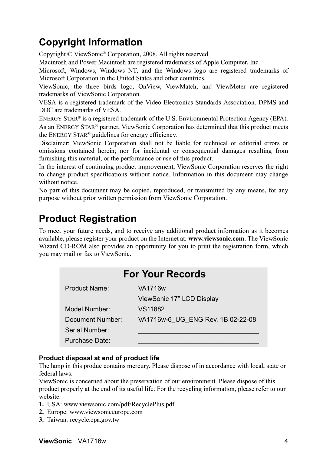 ViewSonic VA1716w Copyright Information, Product Registration For Your Records, Product disposal at end of product life 