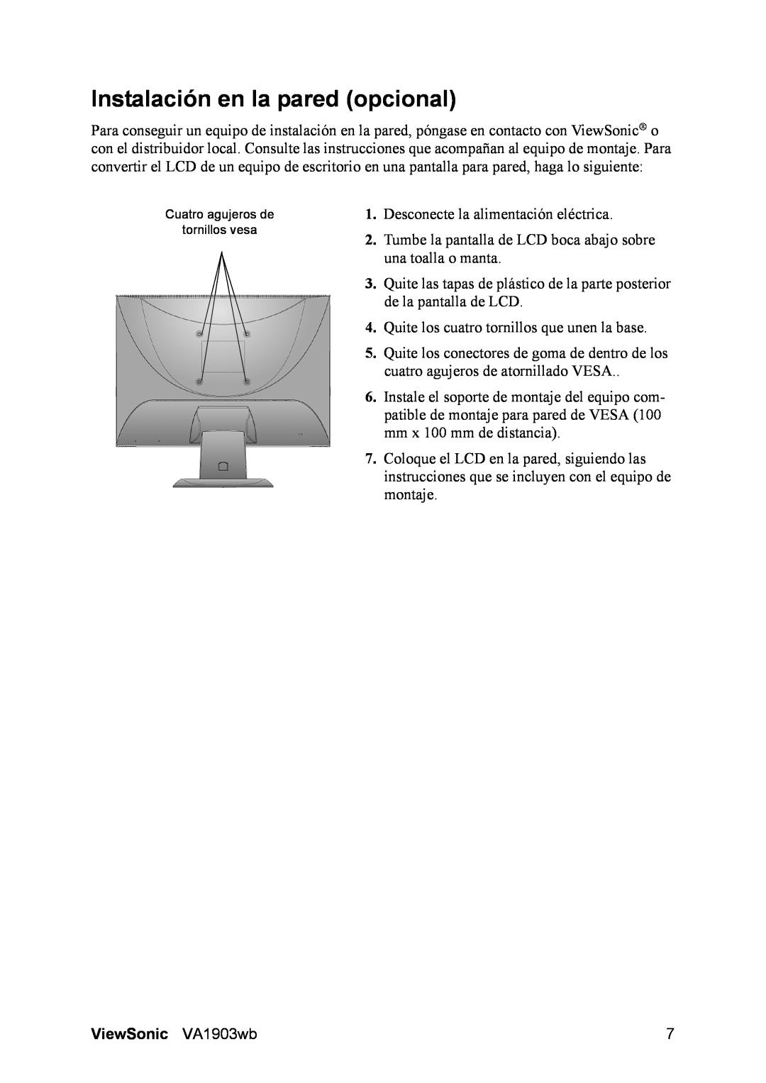 ViewSonic VA1903WB manual Instalación en la pared opcional, ViewSonic VA1903wb 