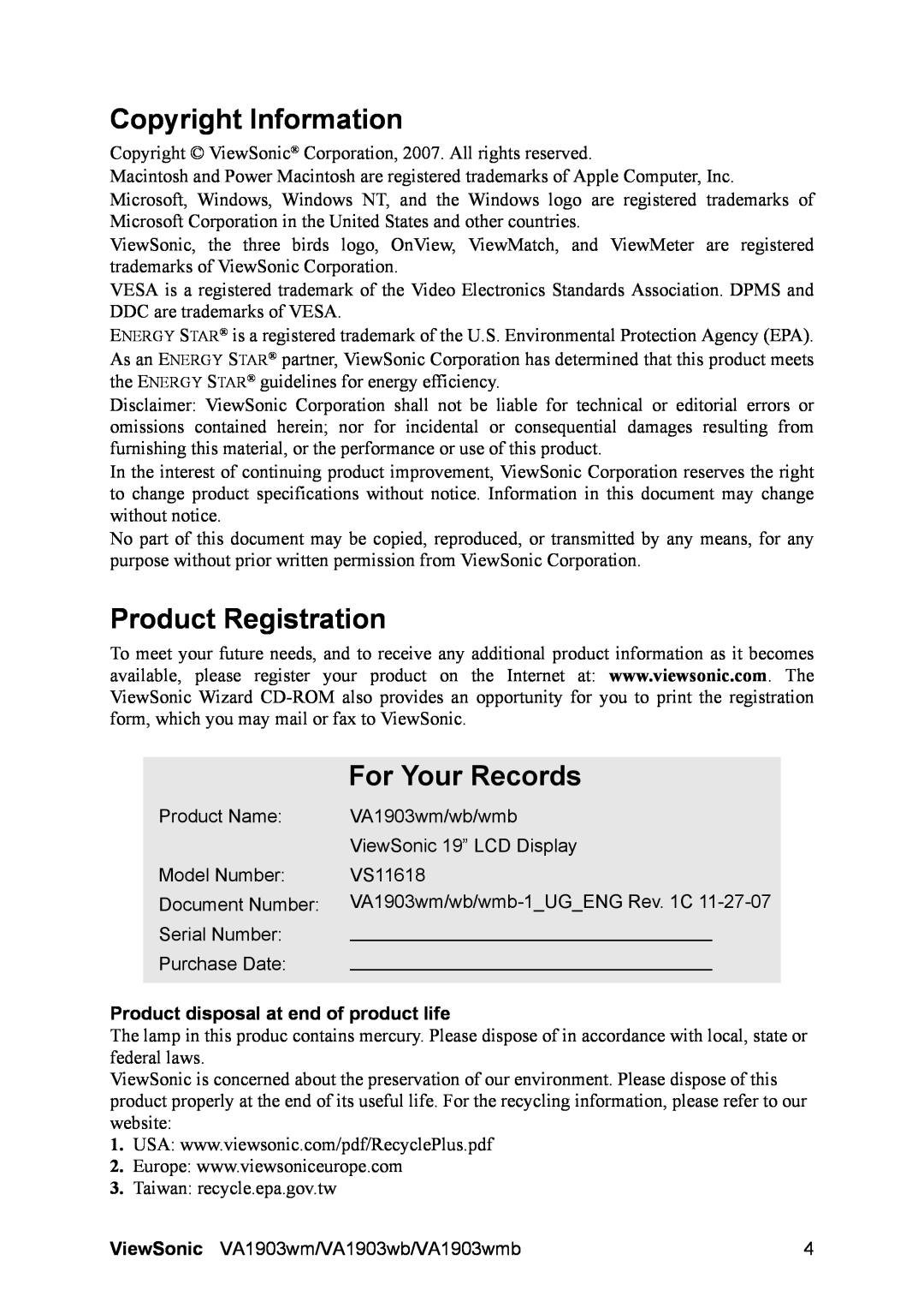 ViewSonic VA1903wm Copyright Information, Product Registration, For Your Records, Product disposal at end of product life 