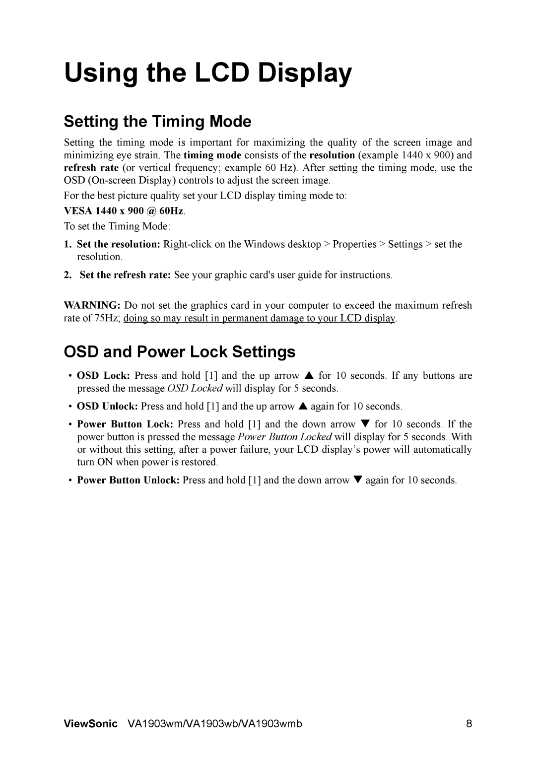 ViewSonic VS11618, VA1903WMB, VA1903wm warranty Setting the Timing Mode, OSD and Power Lock Settings, Vesa 1440 x 900 @ 60Hz 