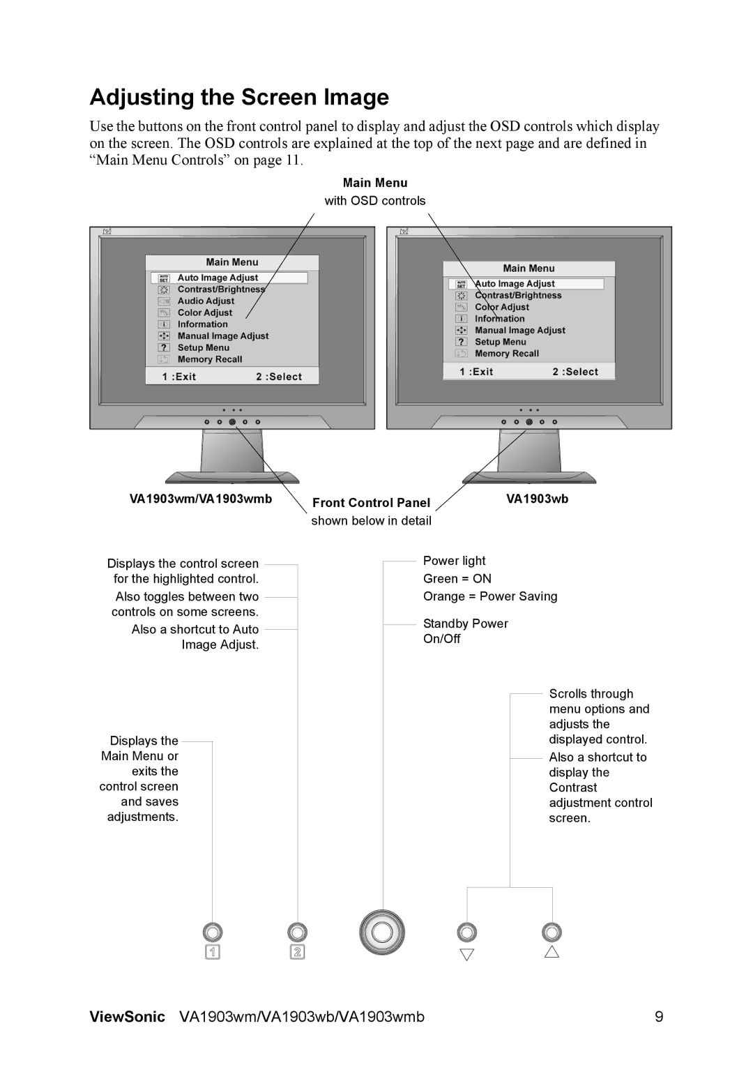 ViewSonic VA1903WMB, VS11618 warranty Adjusting the Screen Image, VA1903wm/VA1903wmb 