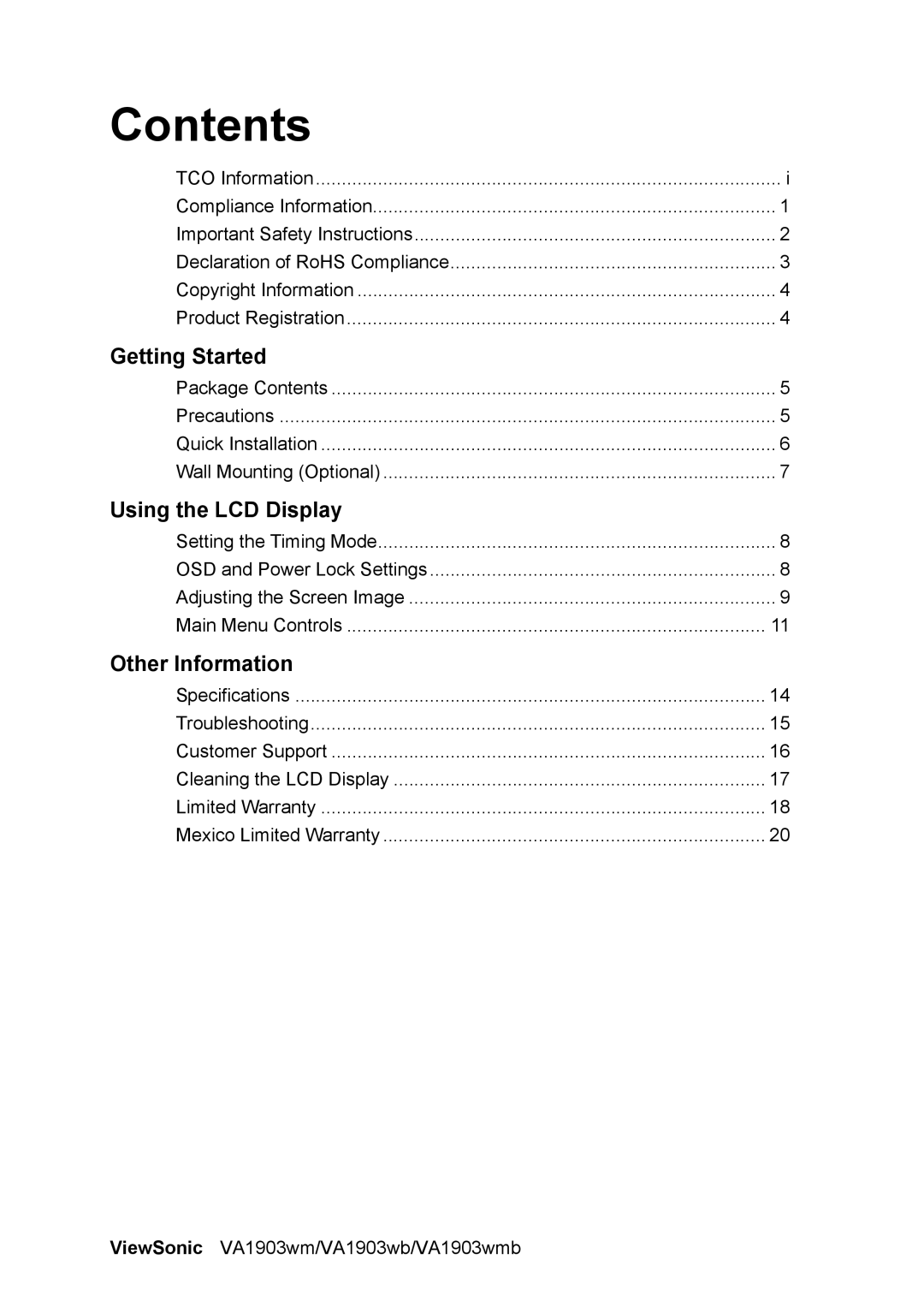 ViewSonic VS11618, VA1903WMB, VA1903wm warranty Contents 