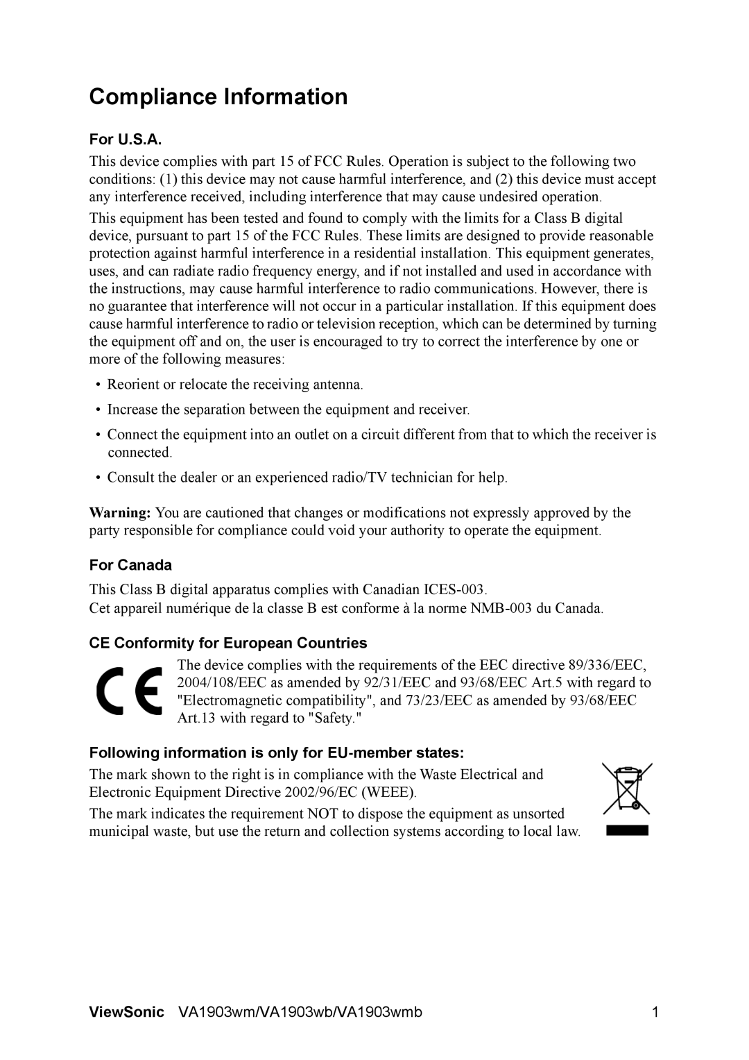 ViewSonic VA1903wm, VA1903WMB, VS11618 Compliance Information, For U.S.A, For Canada, CE Conformity for European Countries 