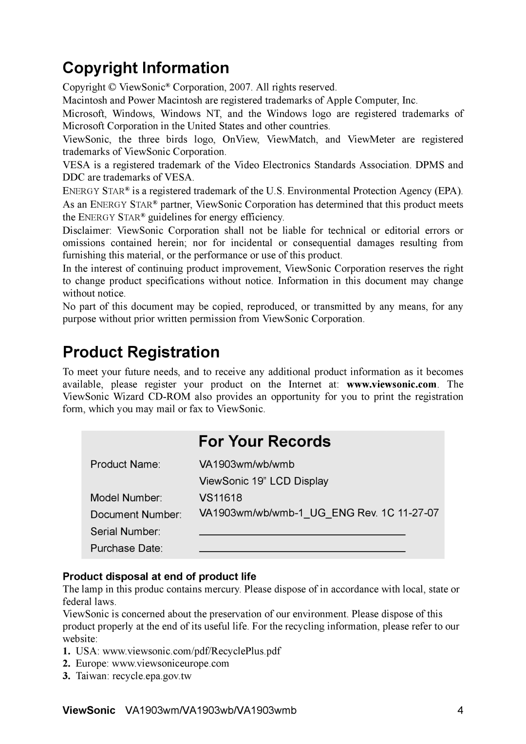 ViewSonic VA1903wm Copyright Information, Product Registration For Your Records, Product disposal at end of product life 