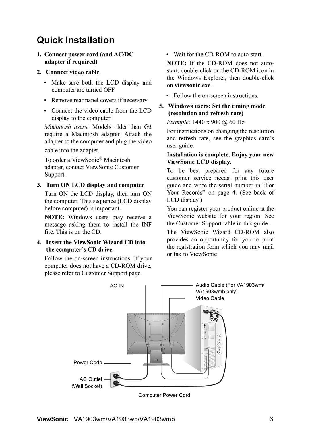 ViewSonic VA1903WMB, VA1903wm, VS11618 warranty Quick Installation, Turn on LCD display and computer 