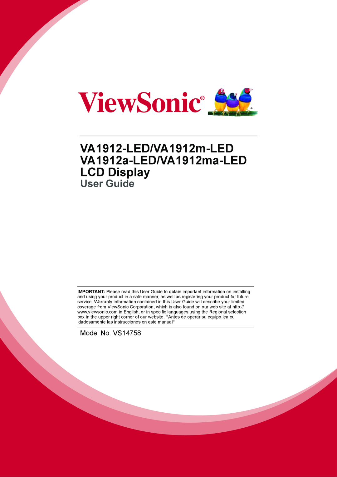 ViewSonic warranty VA1912-LED/VA1912m-LED VA1912a-LED/VA1912ma-LED, LCD Display, User Guide 
