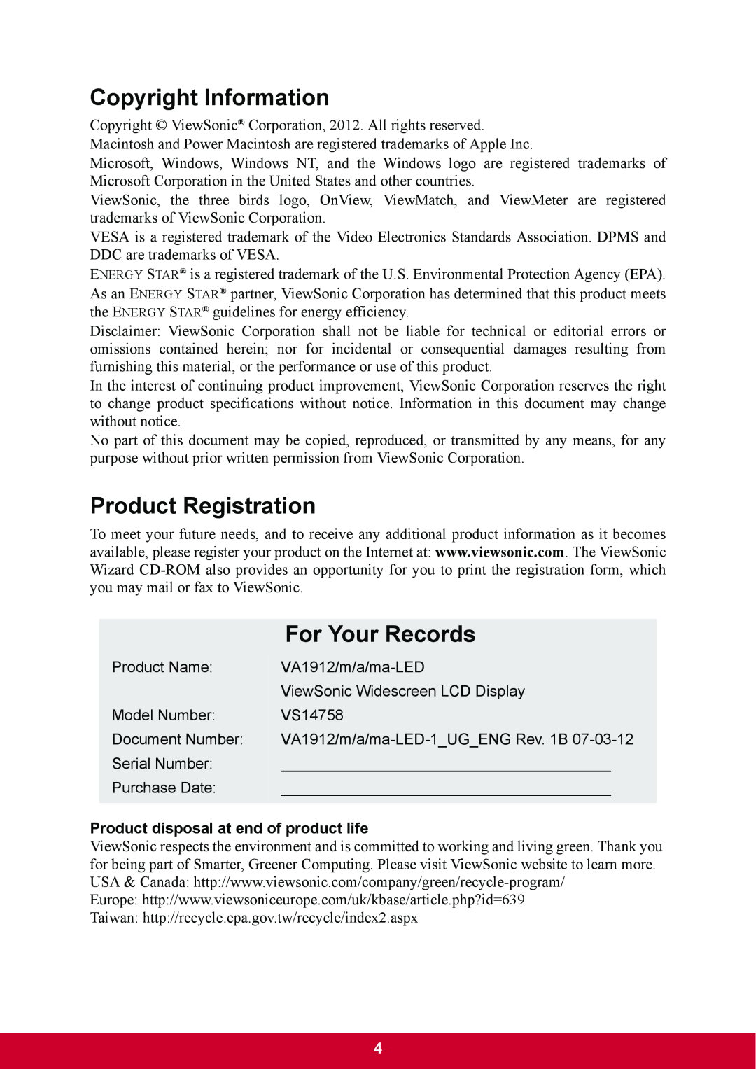 ViewSonic VA1912m-LED warranty Copyright Information, Product Registration, For Your Records 