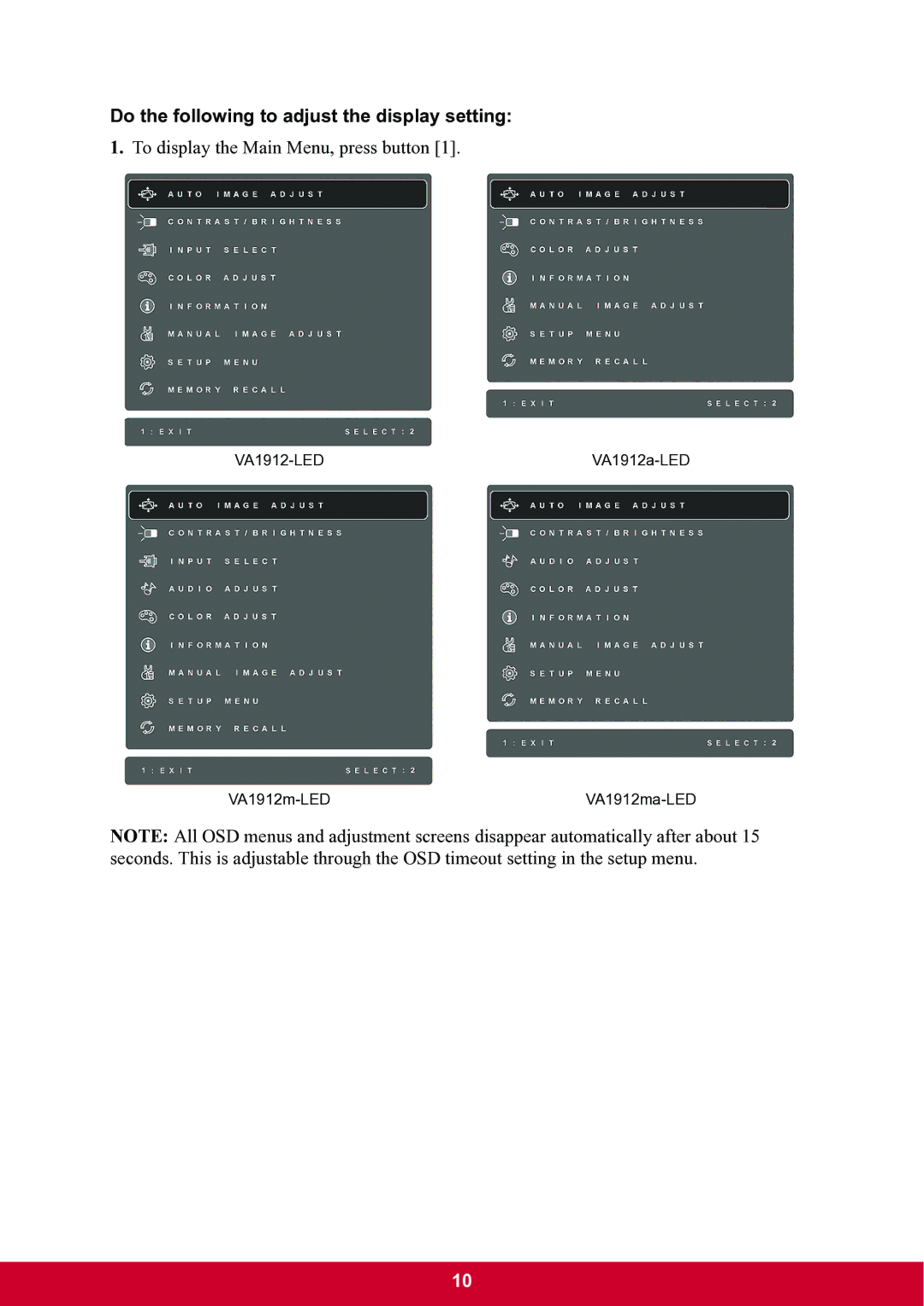 ViewSonic VA1912m-LED warranty Do the following to adjust the display setting 