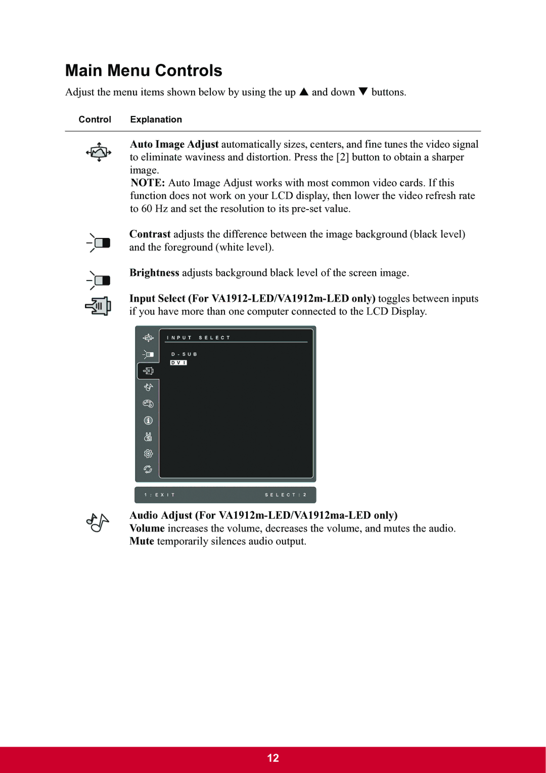 ViewSonic VA1912m-LED warranty Main Menu Controls 