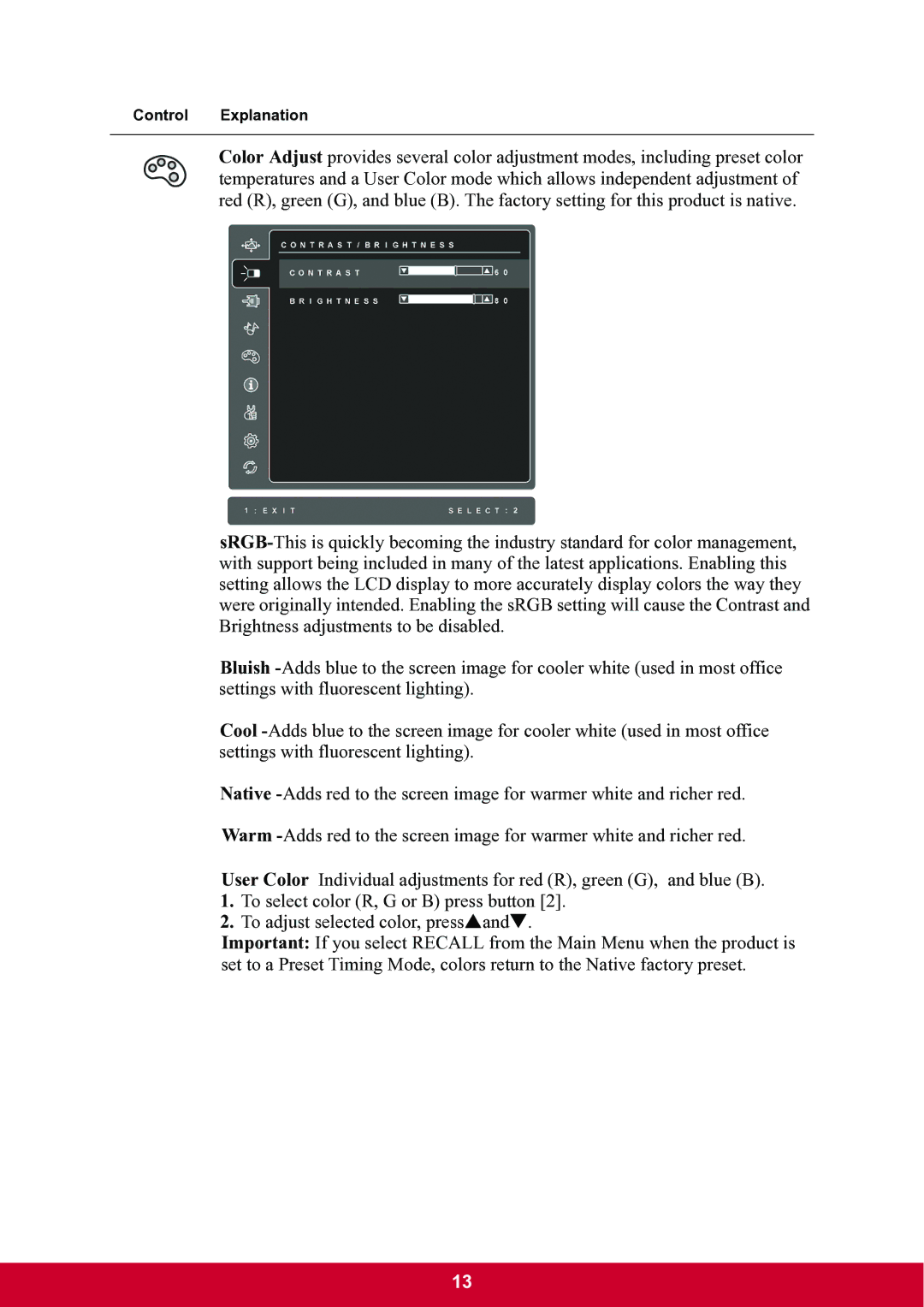 ViewSonic VA1912m-LED warranty Control Explanation 