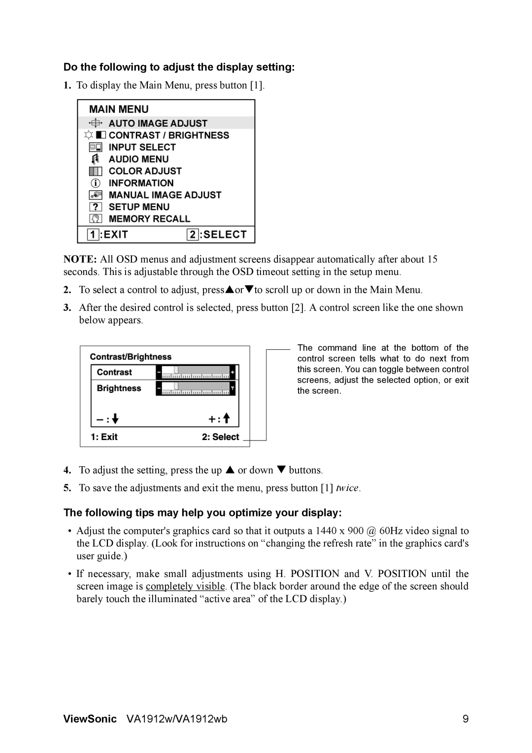 ViewSonic VA1912W manual Do the following to adjust the display setting, Following tips may help you optimize your display 