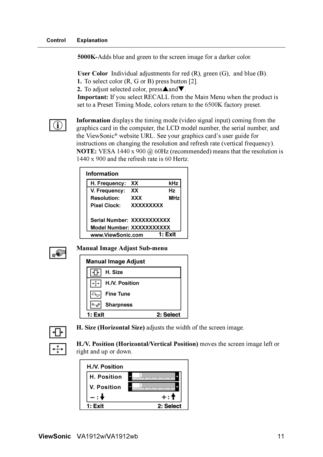 ViewSonic VA1912W manual Manual Image Adjust Sub-menu 