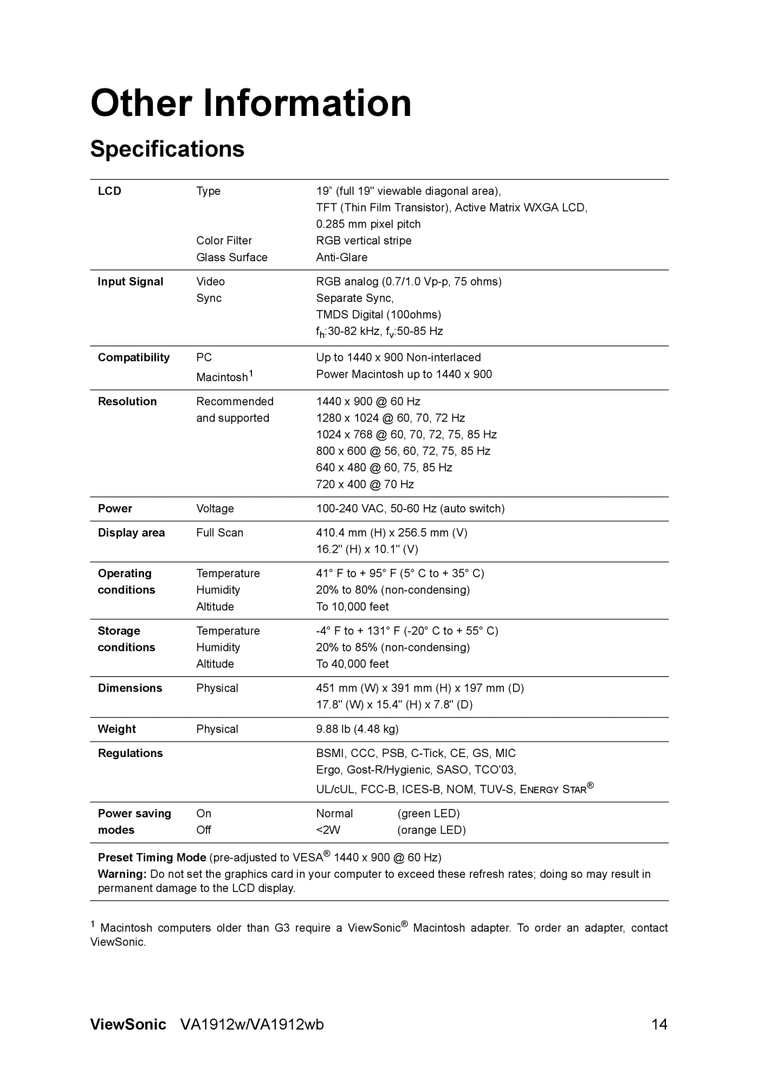 ViewSonic VA1912W manual Other Information, Specifications 