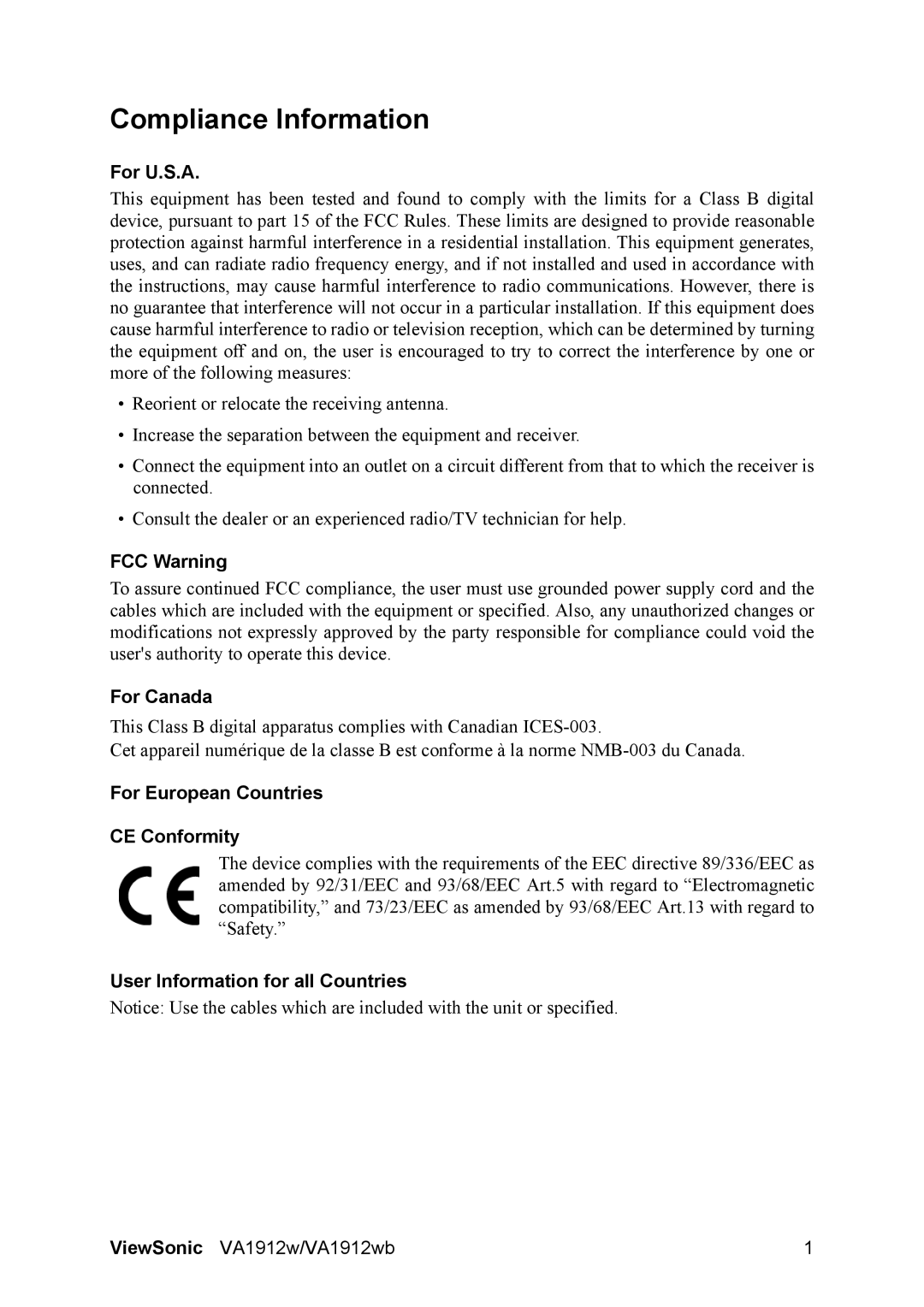 ViewSonic VA1912W manual Compliance Information 