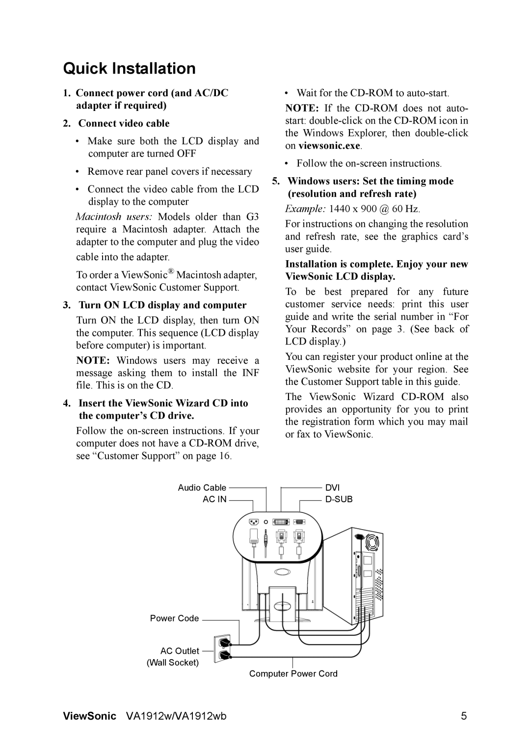 ViewSonic VA1912W manual Quick Installation, Turn on LCD display and computer 