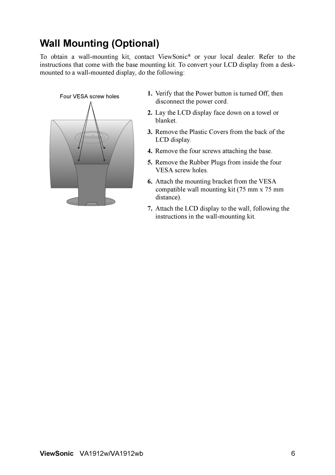 ViewSonic VA1912W manual Wall Mounting Optional 