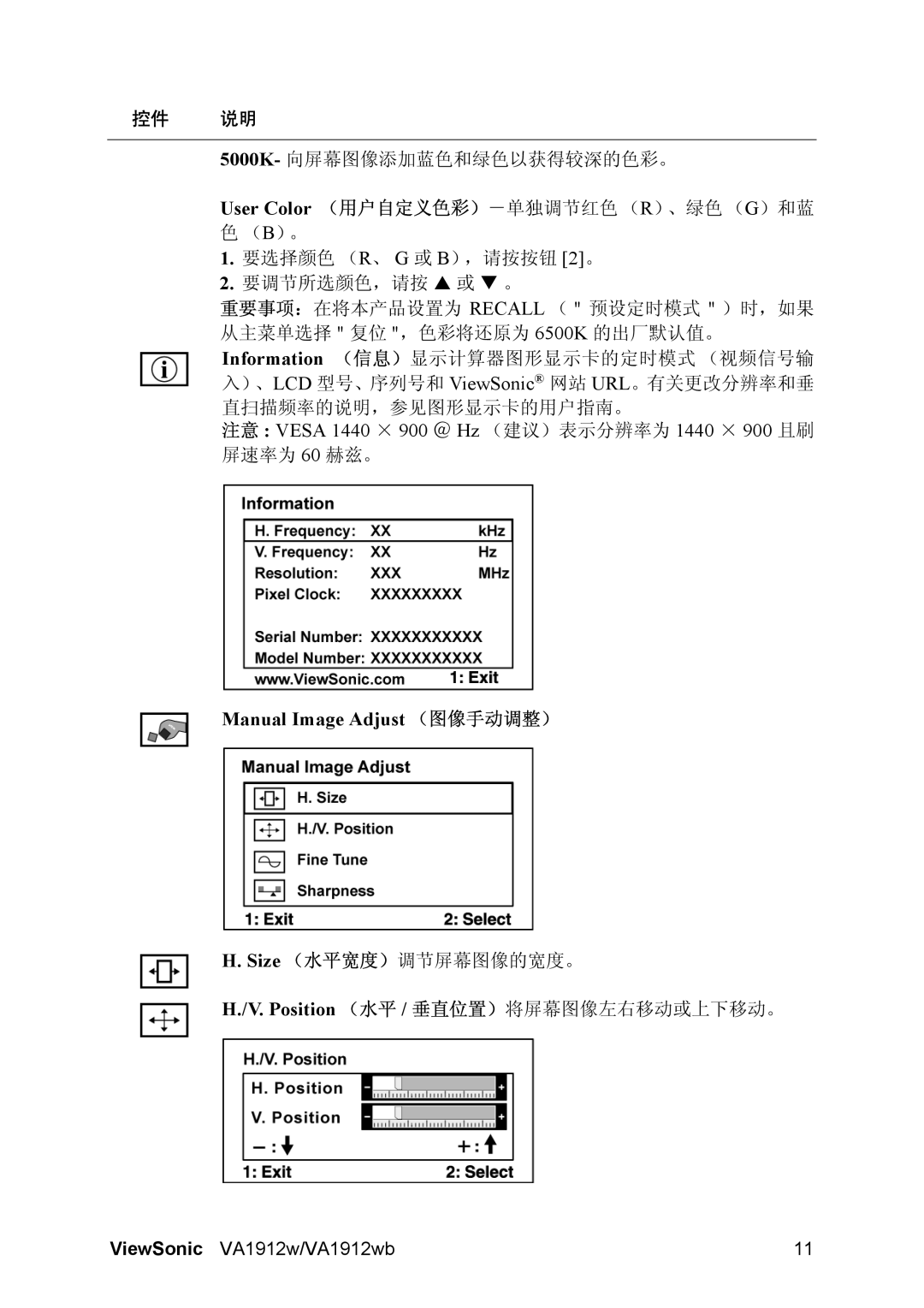 ViewSonic VA1912w-1, VA1912wb-1 manual Manual Image Adjust （图像手动调整）, Position （水平 / 垂直位置）将屏幕图像左右移动或上下移动。 