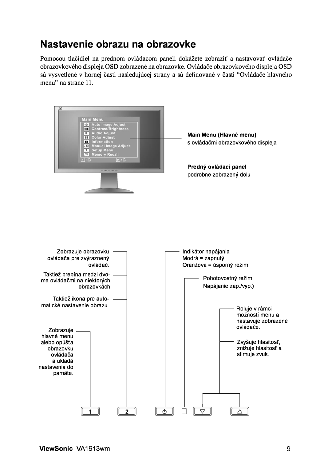 ViewSonic manual Nastavenie obrazu na obrazovke, ViewSonic VA1913wm, Main Menu Hlavné menu, Predný ovládací panel 