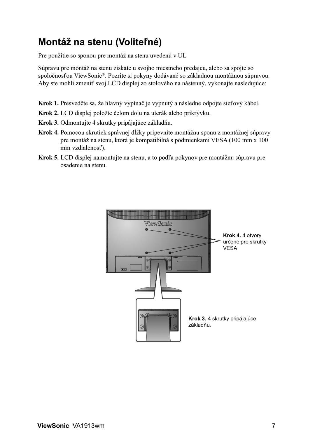 ViewSonic VA1913wm manual Montáž na stenu Voliteľné 