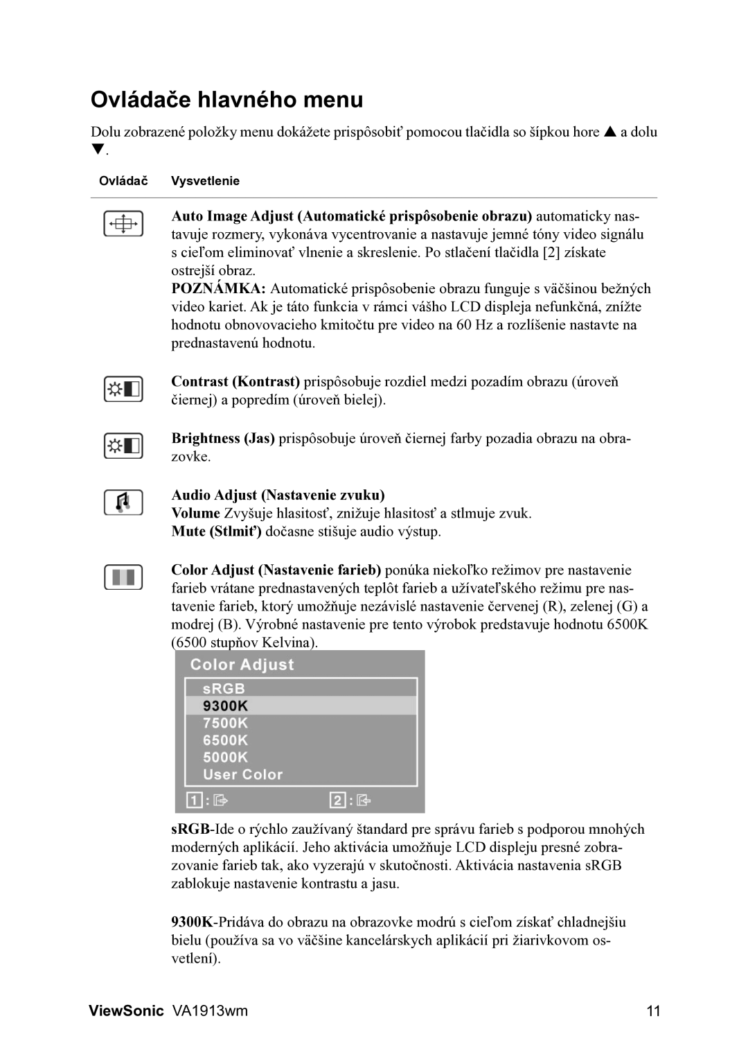 ViewSonic VA1913wm manual Ovládače hlavného menu, Audio Adjust Nastavenie zvuku 