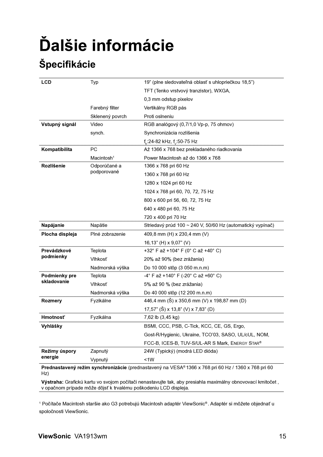 ViewSonic VA1913wm manual Ďalšie informácie, Špecifikácie 