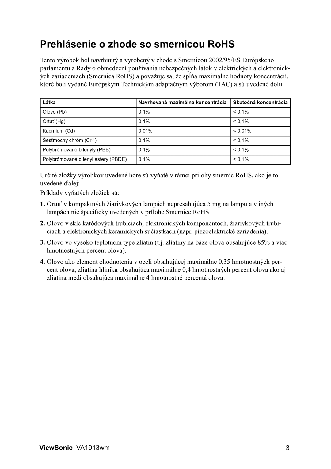 ViewSonic VA1913wm manual Prehlásenie o zhode so smernicou RoHS 