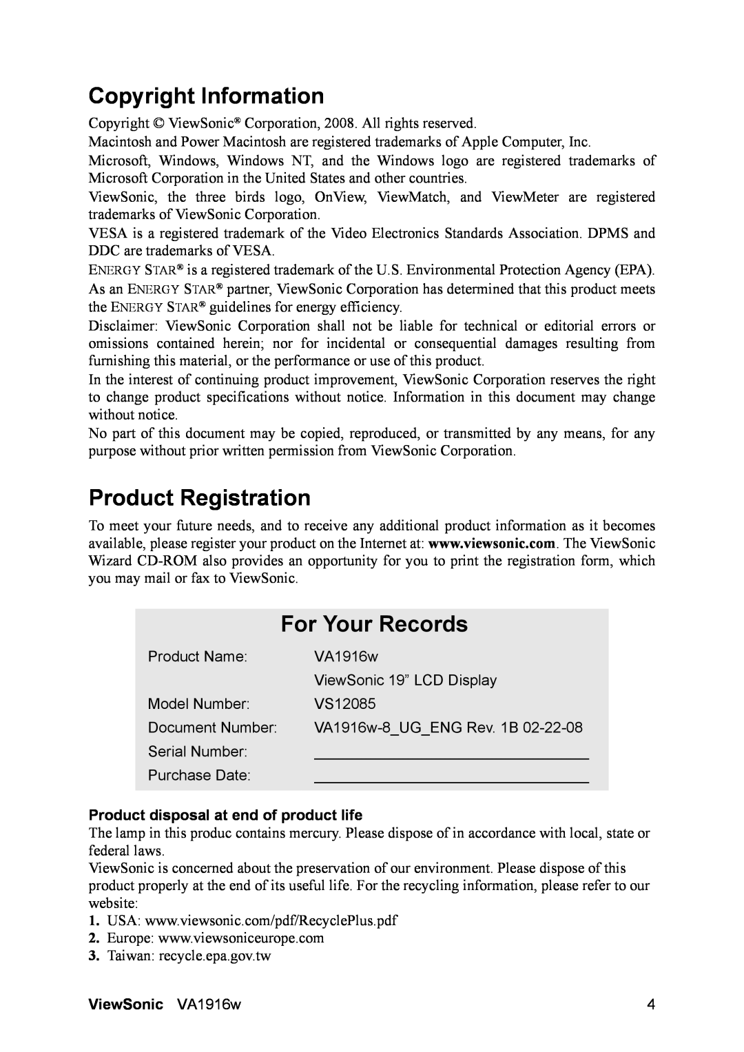 ViewSonic VS12085 Copyright Information, Product Registration, For Your Records, Product disposal at end of product life 