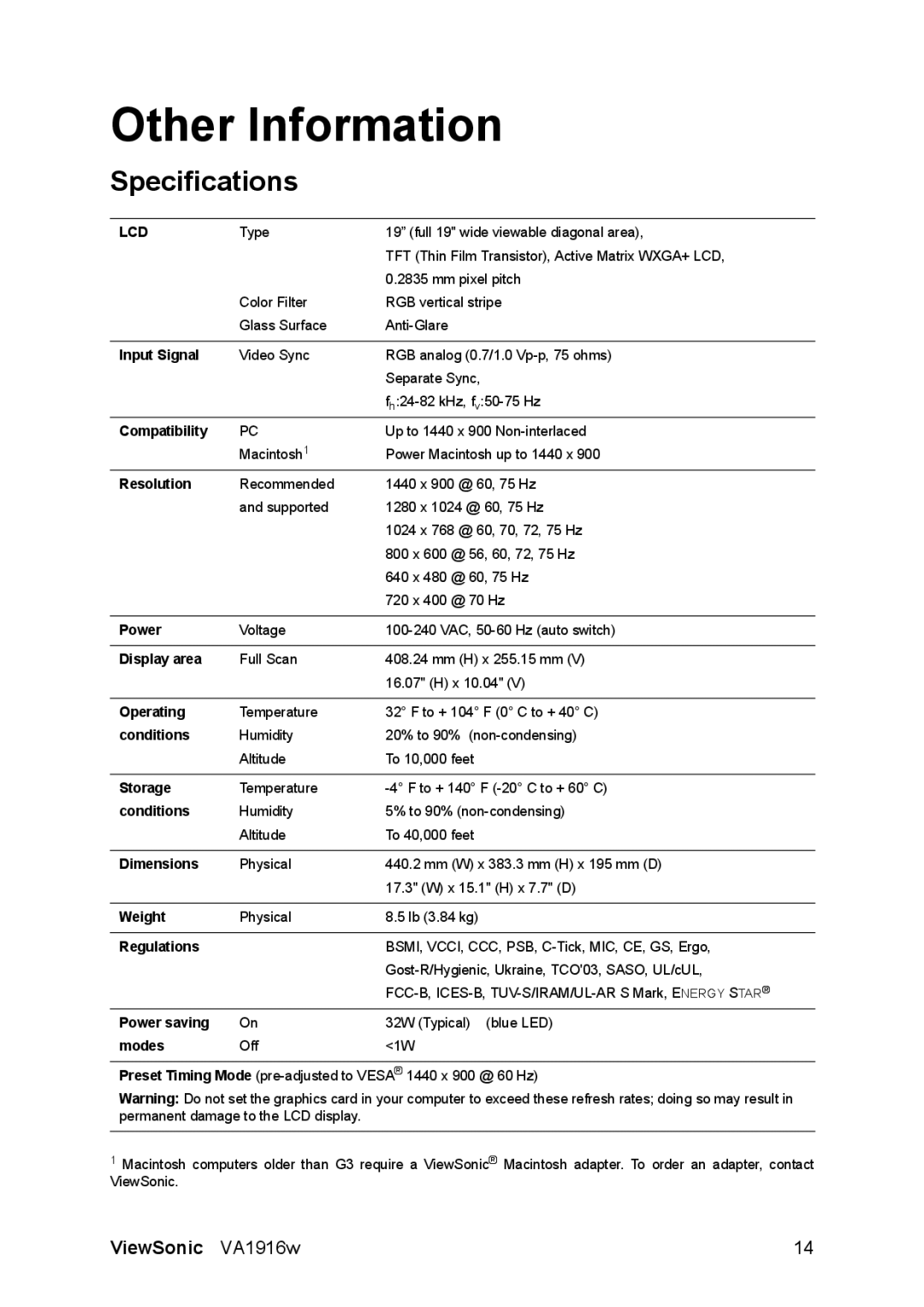 ViewSonic VS12085, VA1916W warranty Other Information, Specifications 