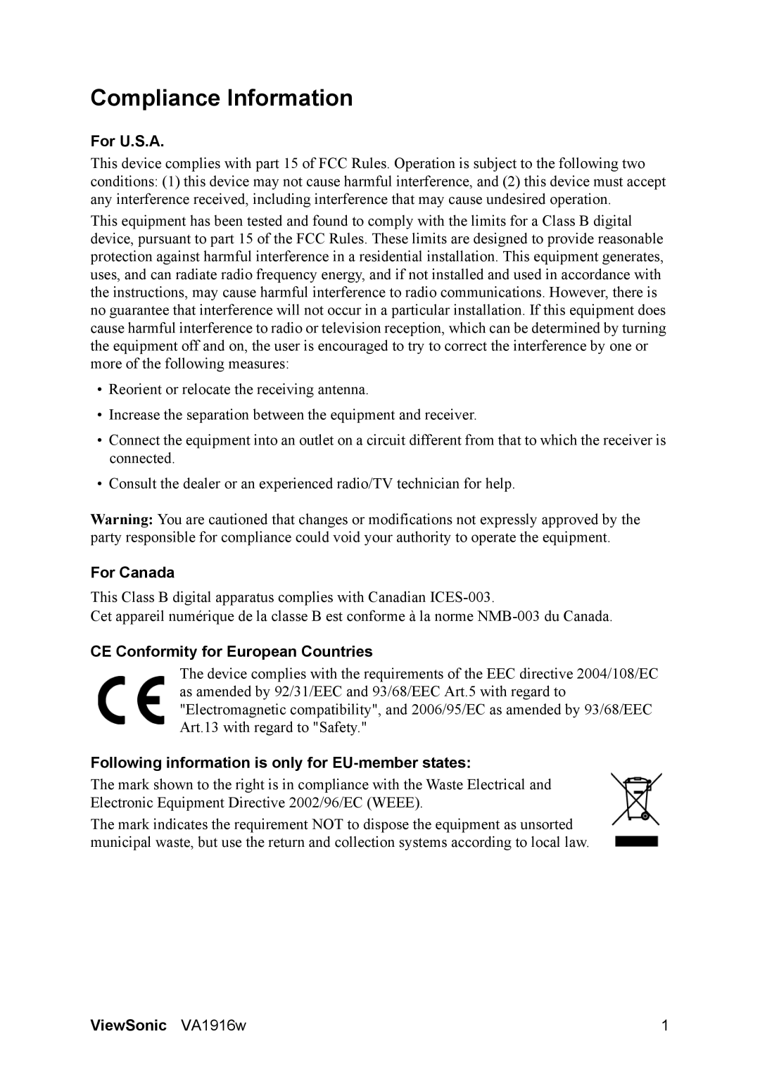 ViewSonic VA1916W, VS12085 warranty Compliance Information, For U.S.A, For Canada, CE Conformity for European Countries 