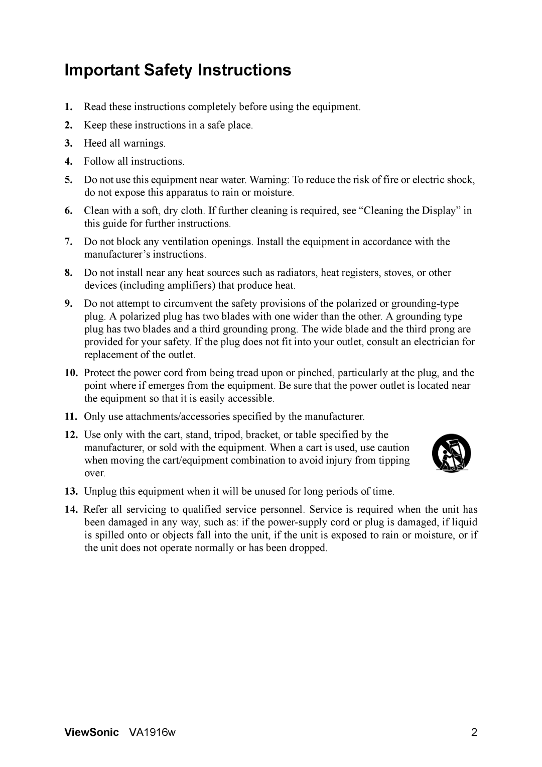 ViewSonic VS12085, VA1916W warranty Important Safety Instructions 