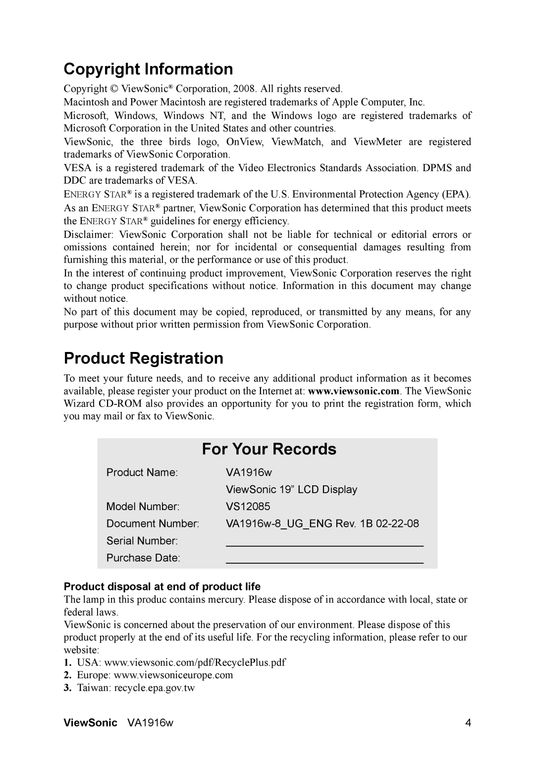 ViewSonic VS12085 Copyright Information, Product Registration For Your Records, Product disposal at end of product life 