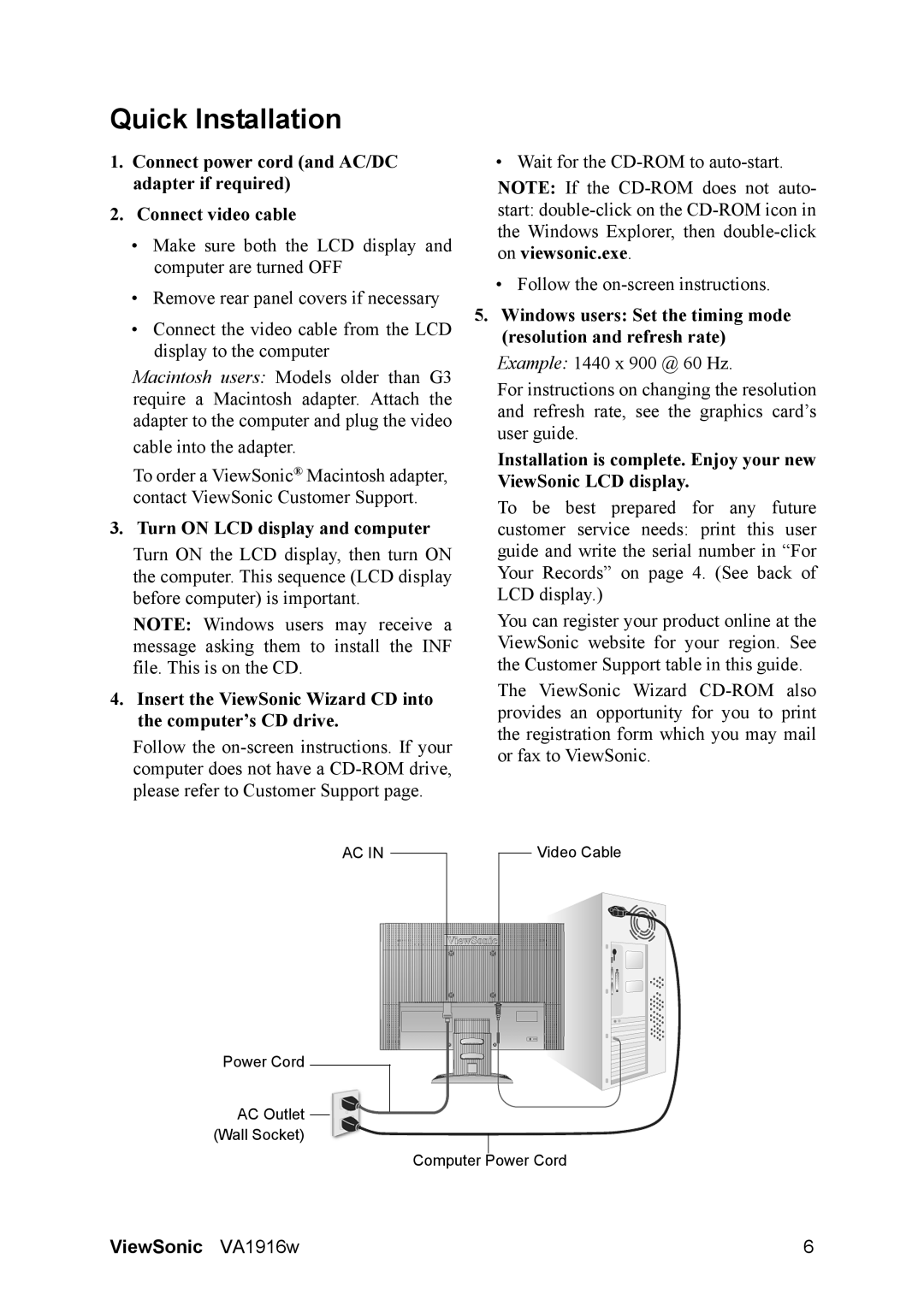 ViewSonic VS12085, VA1916W warranty Quick Installation, Turn on LCD display and computer 