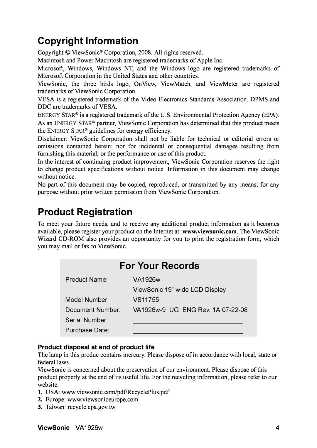 ViewSonic VS11755 Copyright Information, Product Registration, For Your Records, Product disposal at end of product life 
