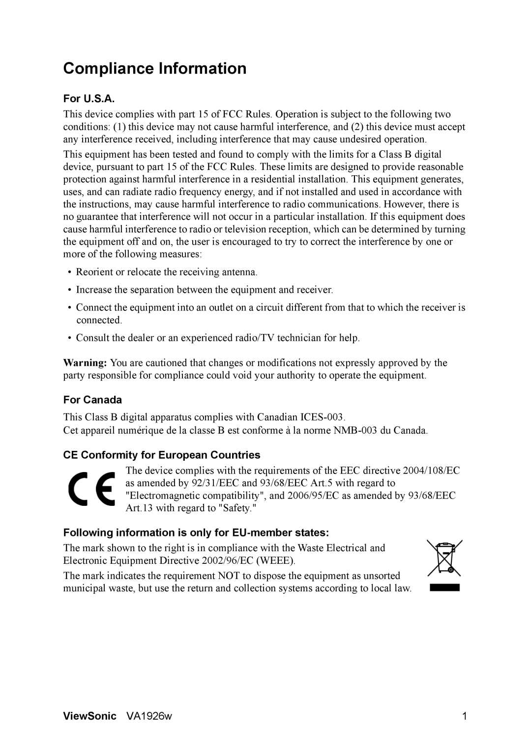 ViewSonic VA1926W, VS11755 warranty Compliance Information, For U.S.A, For Canada, CE Conformity for European Countries 