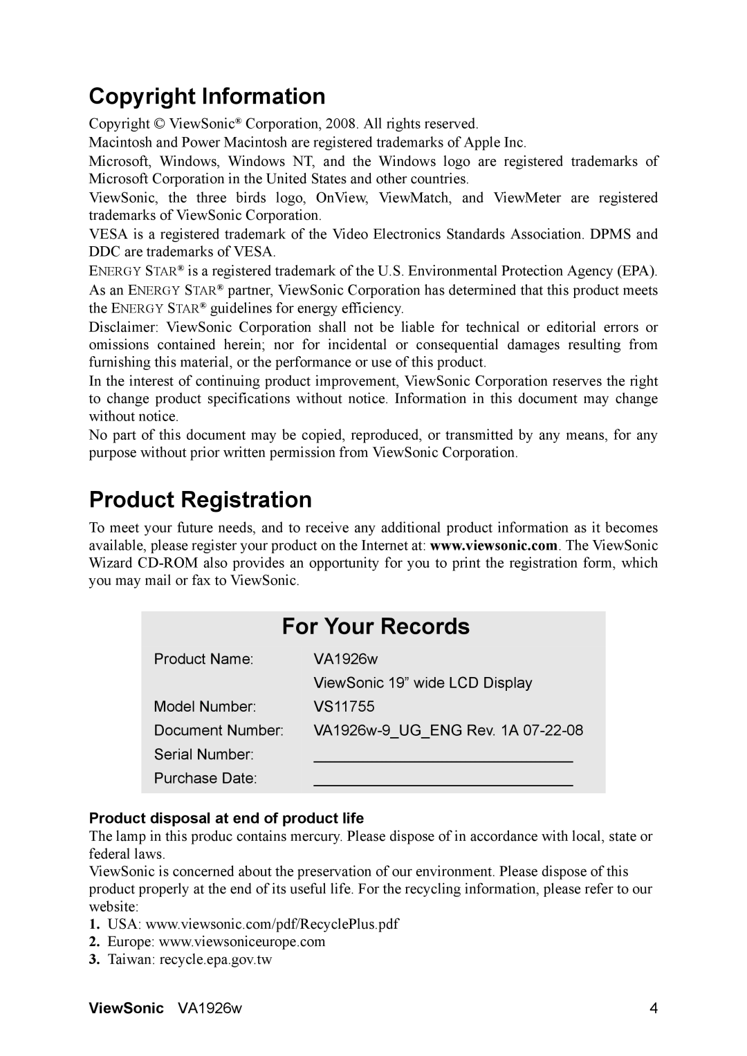 ViewSonic VS11755 Copyright Information, Product Registration For Your Records, Product disposal at end of product life 