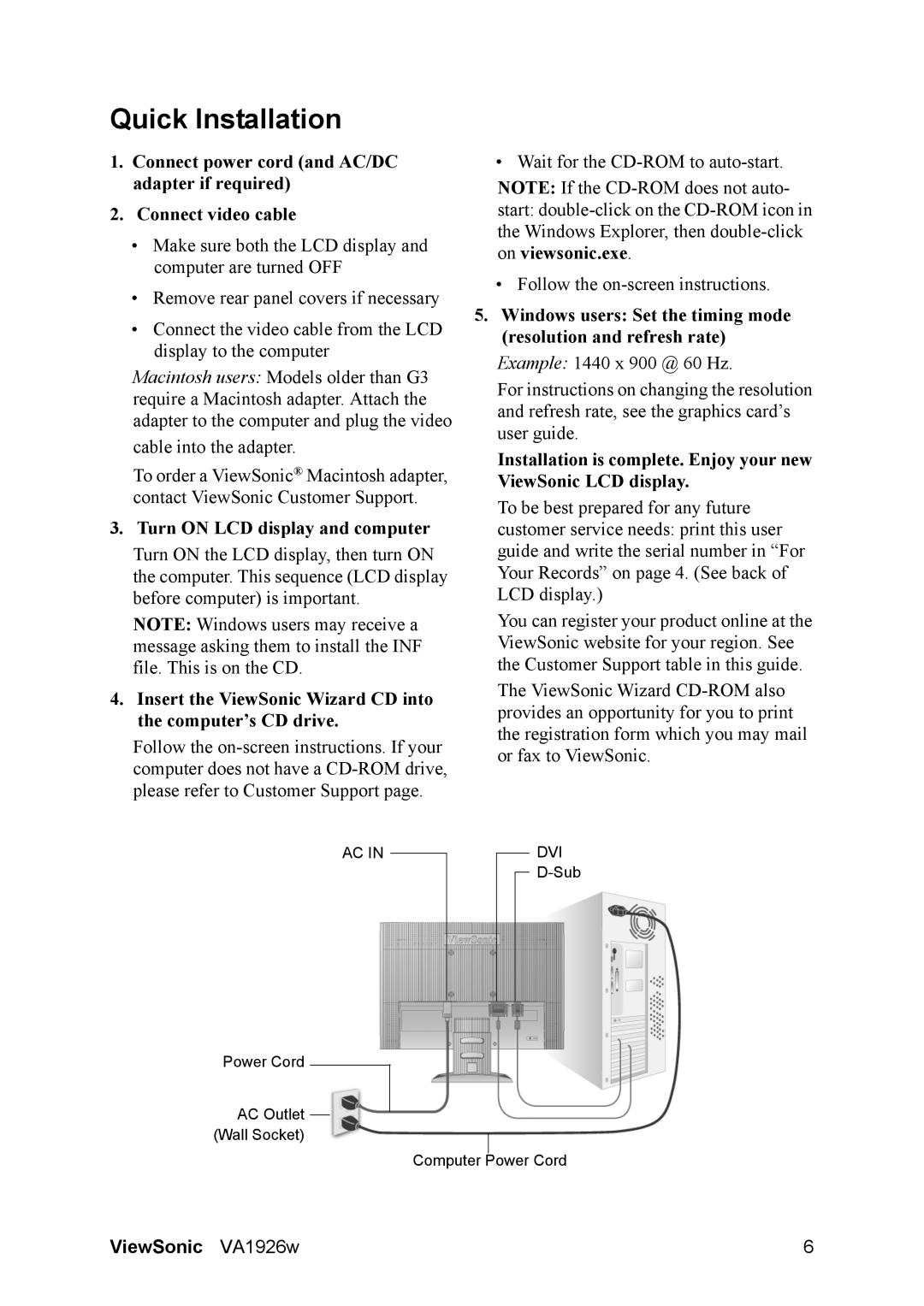 ViewSonic VS11755, VA1926W warranty Quick Installation, Turn on LCD display and computer 