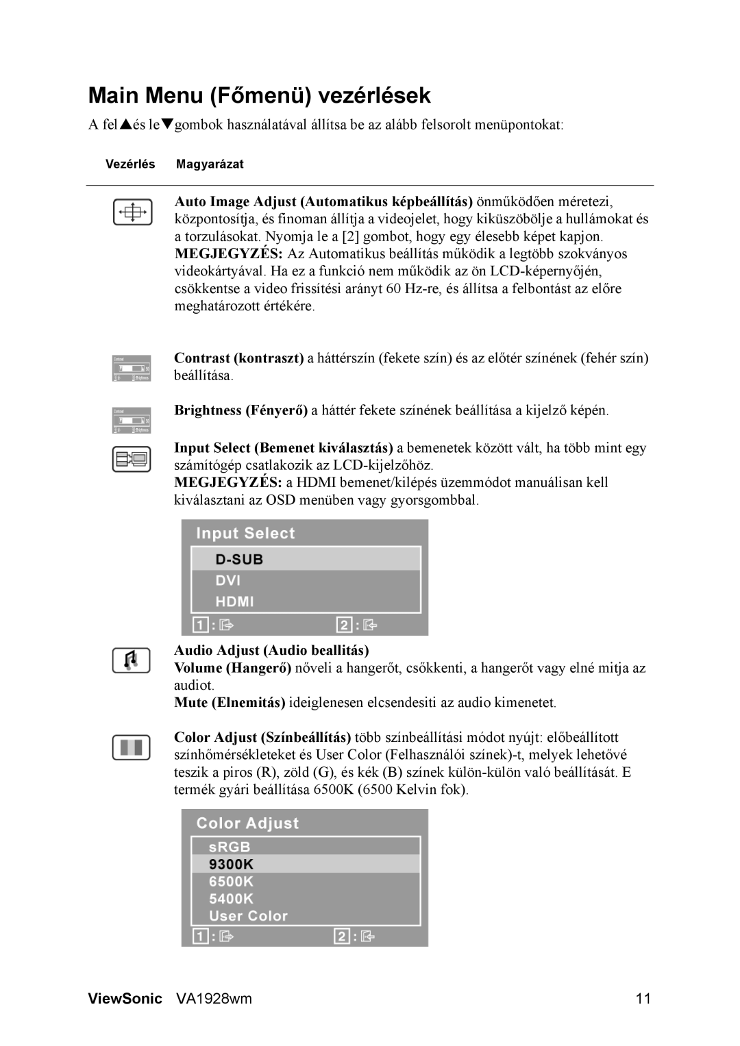 ViewSonic VA1928WM manual Main Menu Főmenü vezérlések, Audio Adjust Audio beallitás 