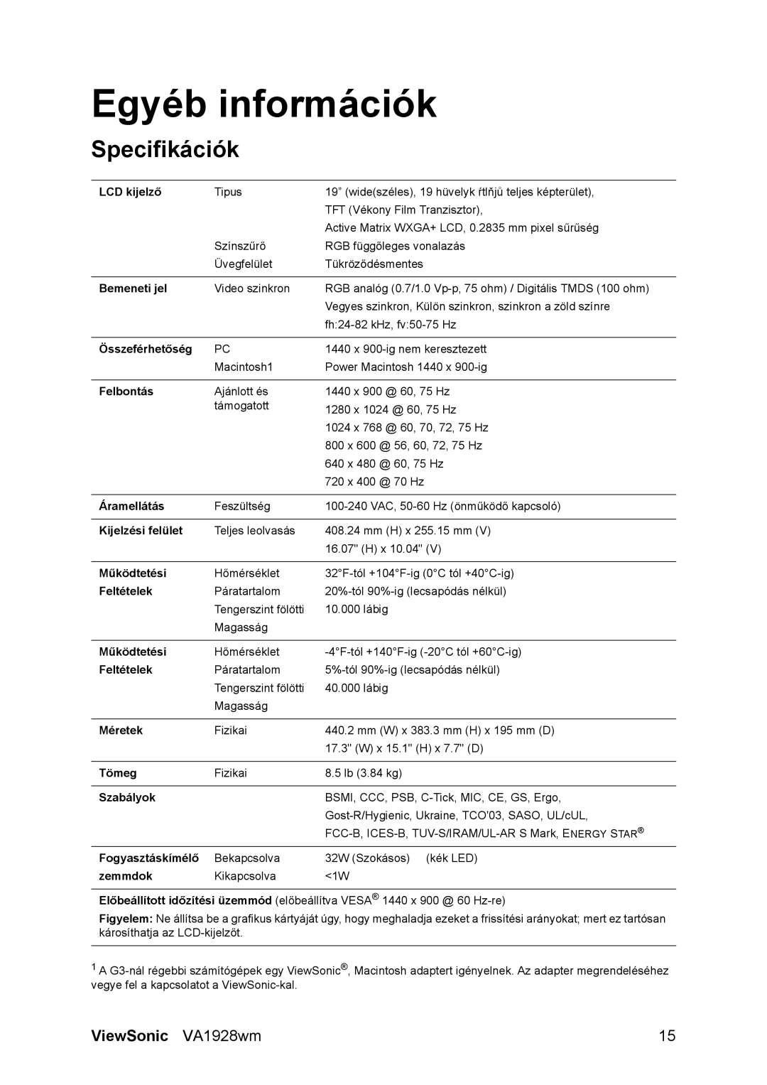 ViewSonic VA1928WM manual Egyéb információk, Specifikációk 