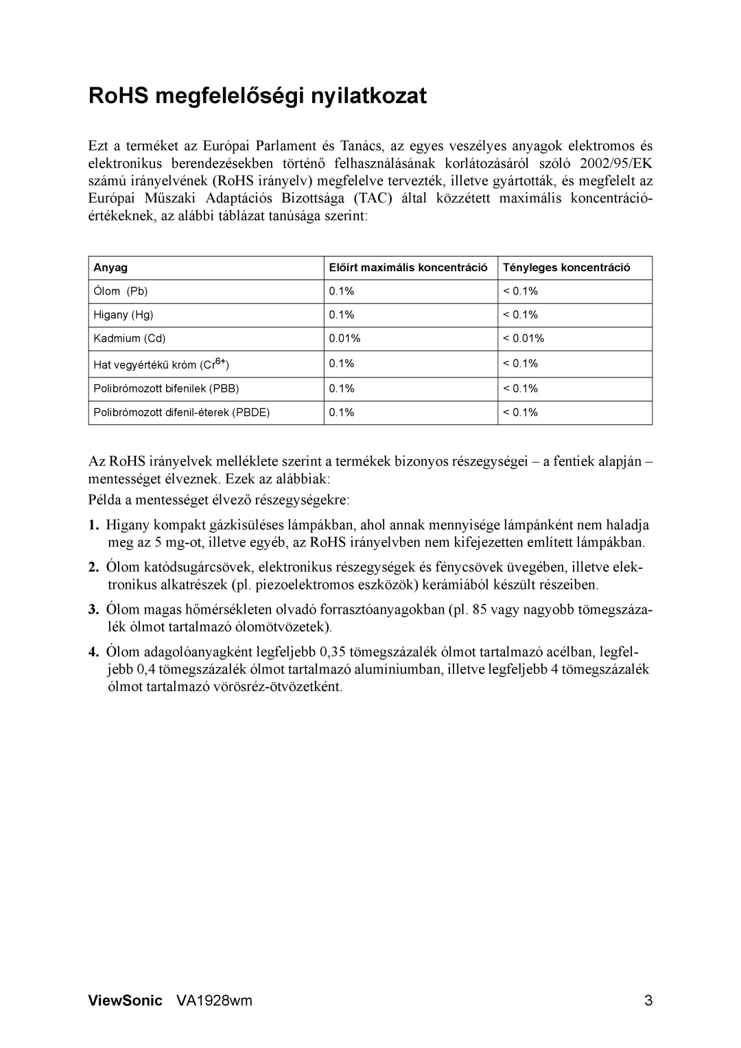 ViewSonic VA1928WM manual RoHS megfelelőségi nyilatkozat, Anyag Előírt maximális koncentráció Tényleges koncentráció 