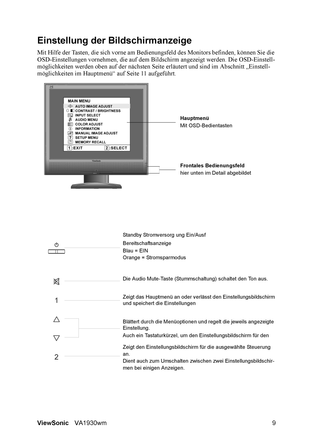 ViewSonic VA1930WM manual Einstellung der Bildschirmanzeige, Frontales Bedienungsfeld hier unten im Detail abgebildet 