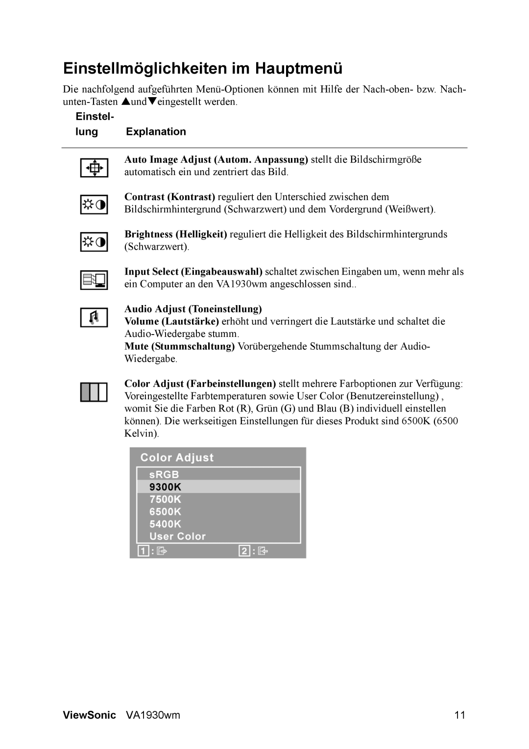 ViewSonic VA1930WM manual Einstellmöglichkeiten im Hauptmenü, Einstel Lung Explanation 