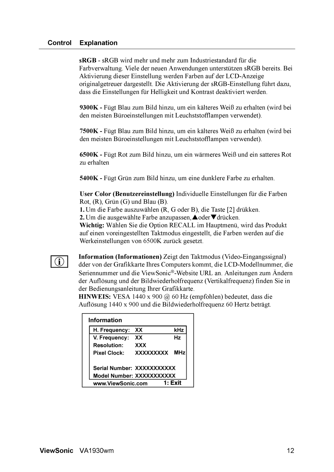 ViewSonic VA1930WM manual Control Explanation 