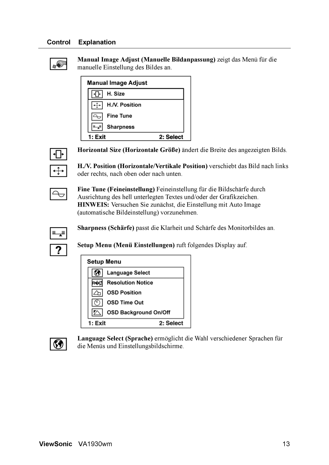 ViewSonic VA1930WM manual Setup Menu Menü Einstellungen ruft folgendes Display auf 