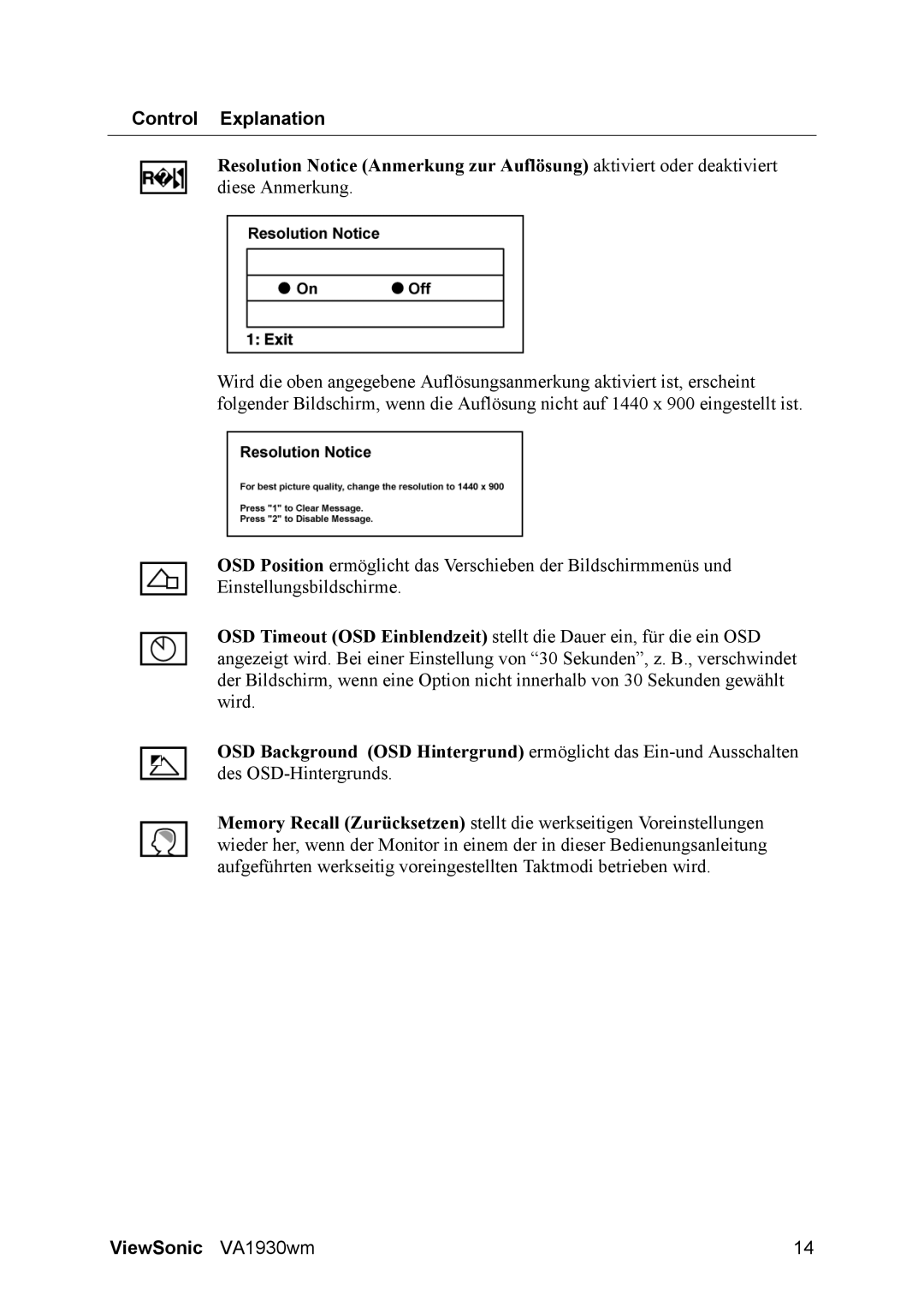 ViewSonic VA1930WM manual Control Explanation 