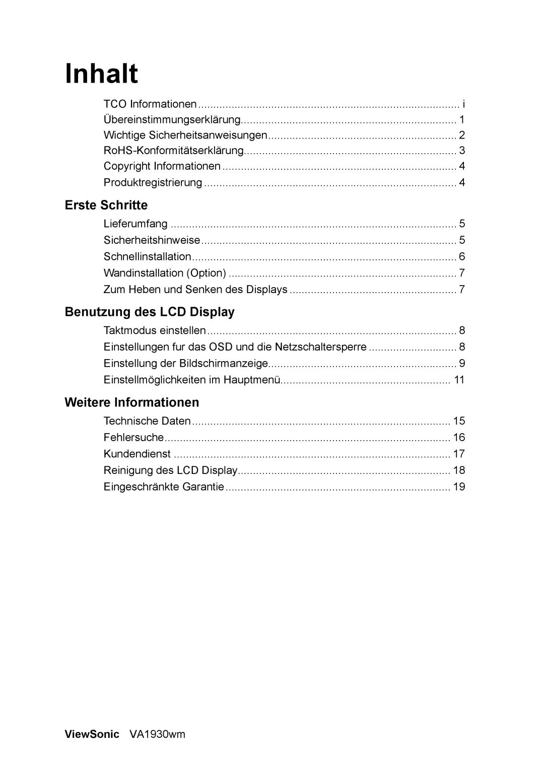 ViewSonic VA1930WM manual Inhalt, ViewSonic VA1930wm 