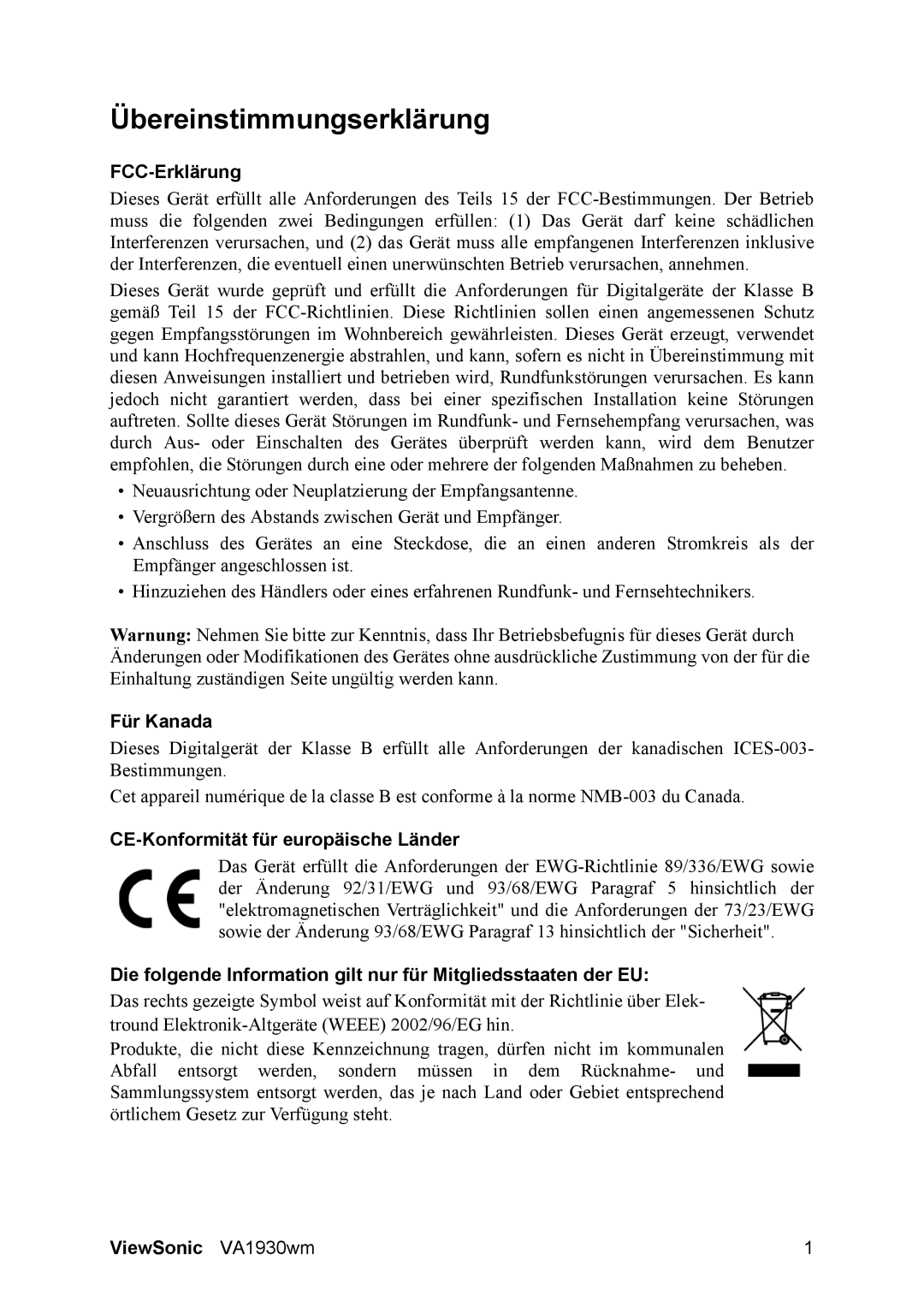 ViewSonic VA1930WM manual Übereinstimmungserklärung, FCC-Erklärung, Für Kanada, CE-Konformität für europäische Länder 