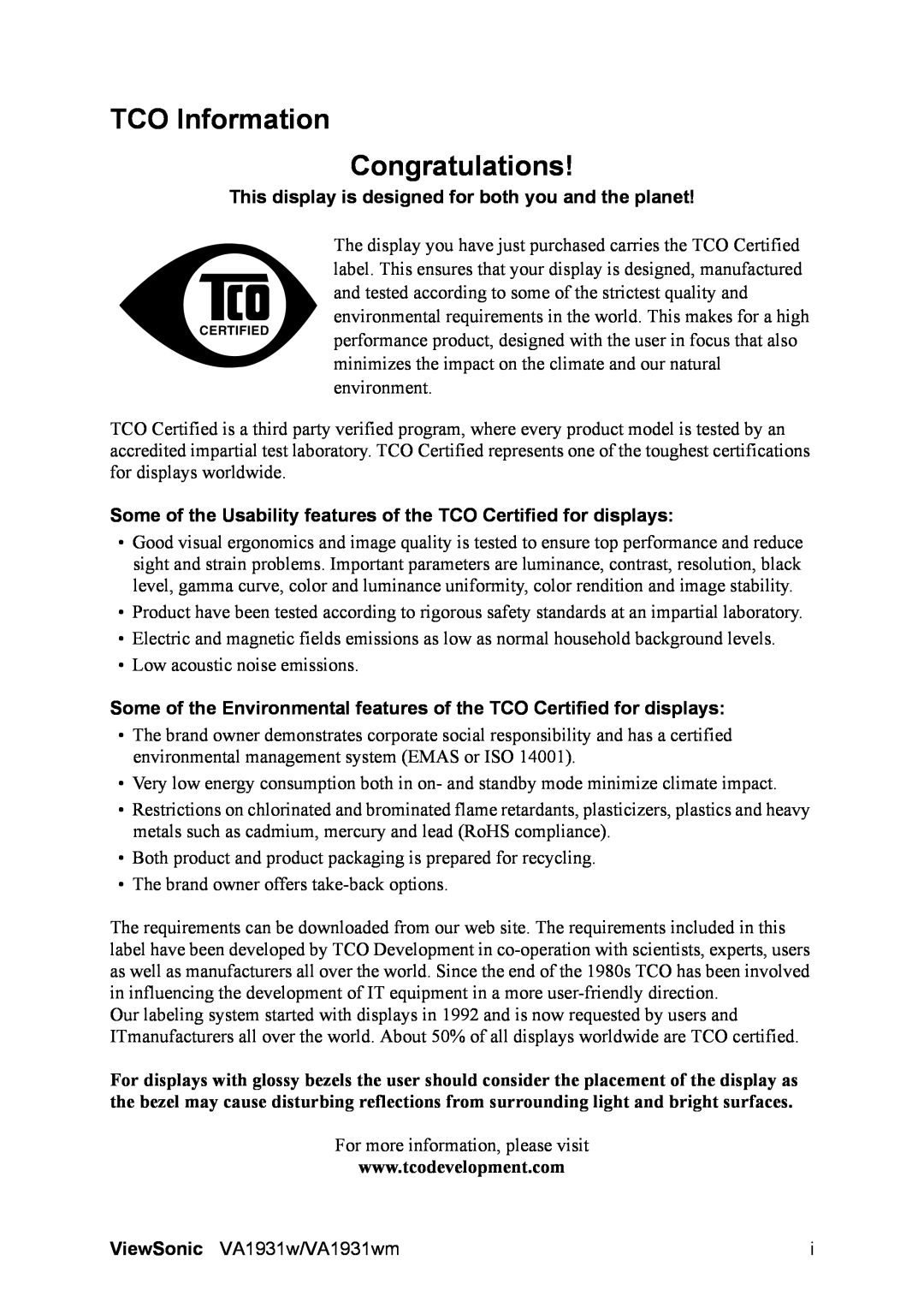 ViewSonic VA1931WM warranty TCO Information Congratulations 