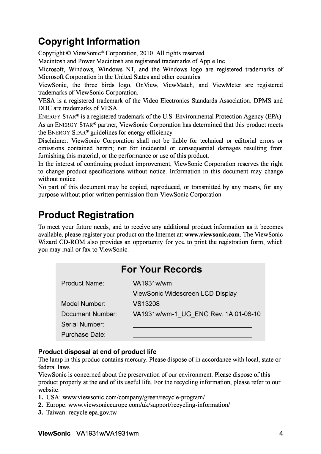 ViewSonic VA1931WM Copyright Information, Product Registration, For Your Records, Product disposal at end of product life 