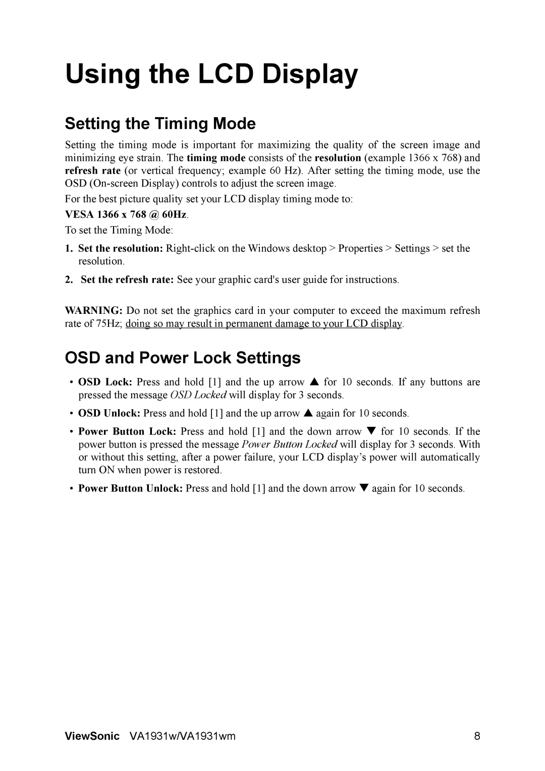 ViewSonic VA1931WM warranty Setting the Timing Mode, OSD and Power Lock Settings, Vesa 1366 x 768 @ 60Hz 