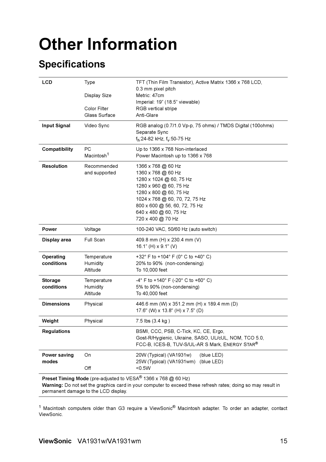 ViewSonic VA1931WM warranty Other Information, Specifications 